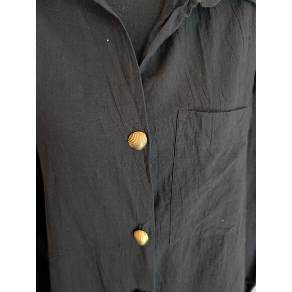 Vintage Laura Kidd Studios Black Gauzy Button-Up Tunic w/ Gold Shell Buttons: XL - Picture 3 of 12